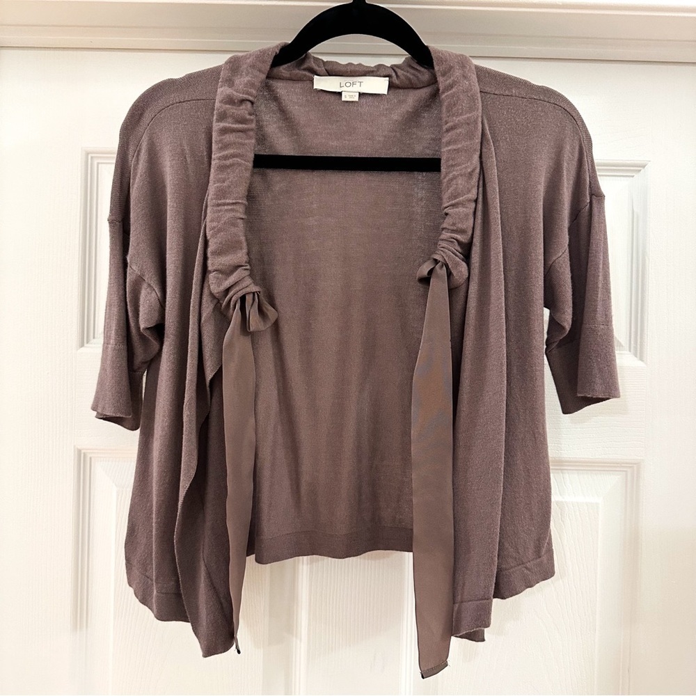 Loft Short Sleeve Ribbon Tie Gathered Neckline Cardigan Sweater Dark Taupe Gray - Picture 2 of 5